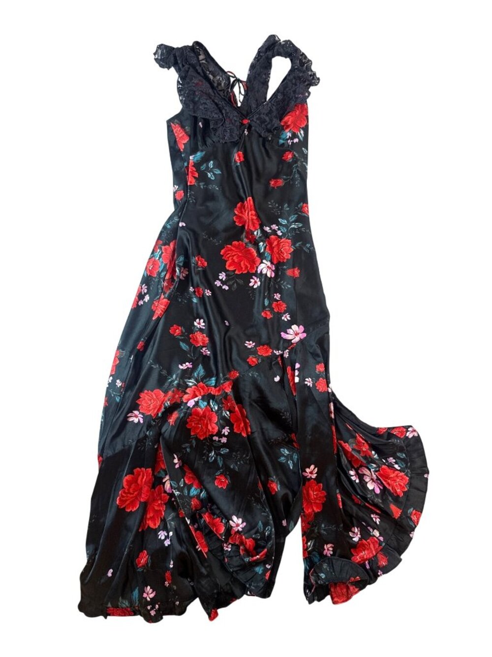 Free People Black Warm Hearts Floral Lace Maxi Dress Size L Romantic Gown